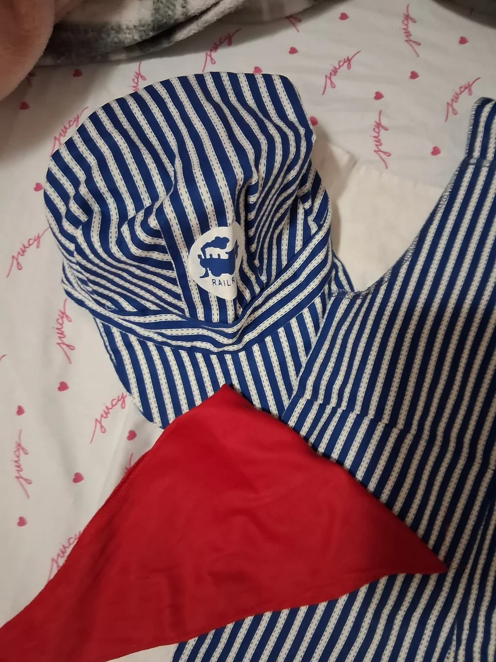 Kids Blue & White Striped Train Conductor Overalls with Red Bandana